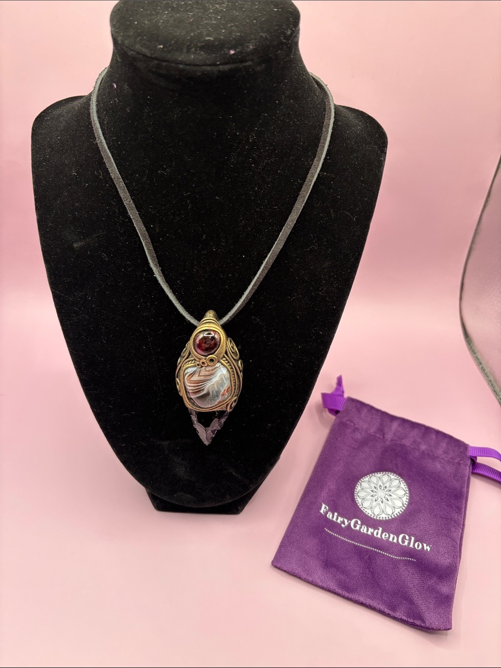Dramatic Antiqued Brass Garnet Purple Swirl Black Crystal Arrow Pendant Necklace